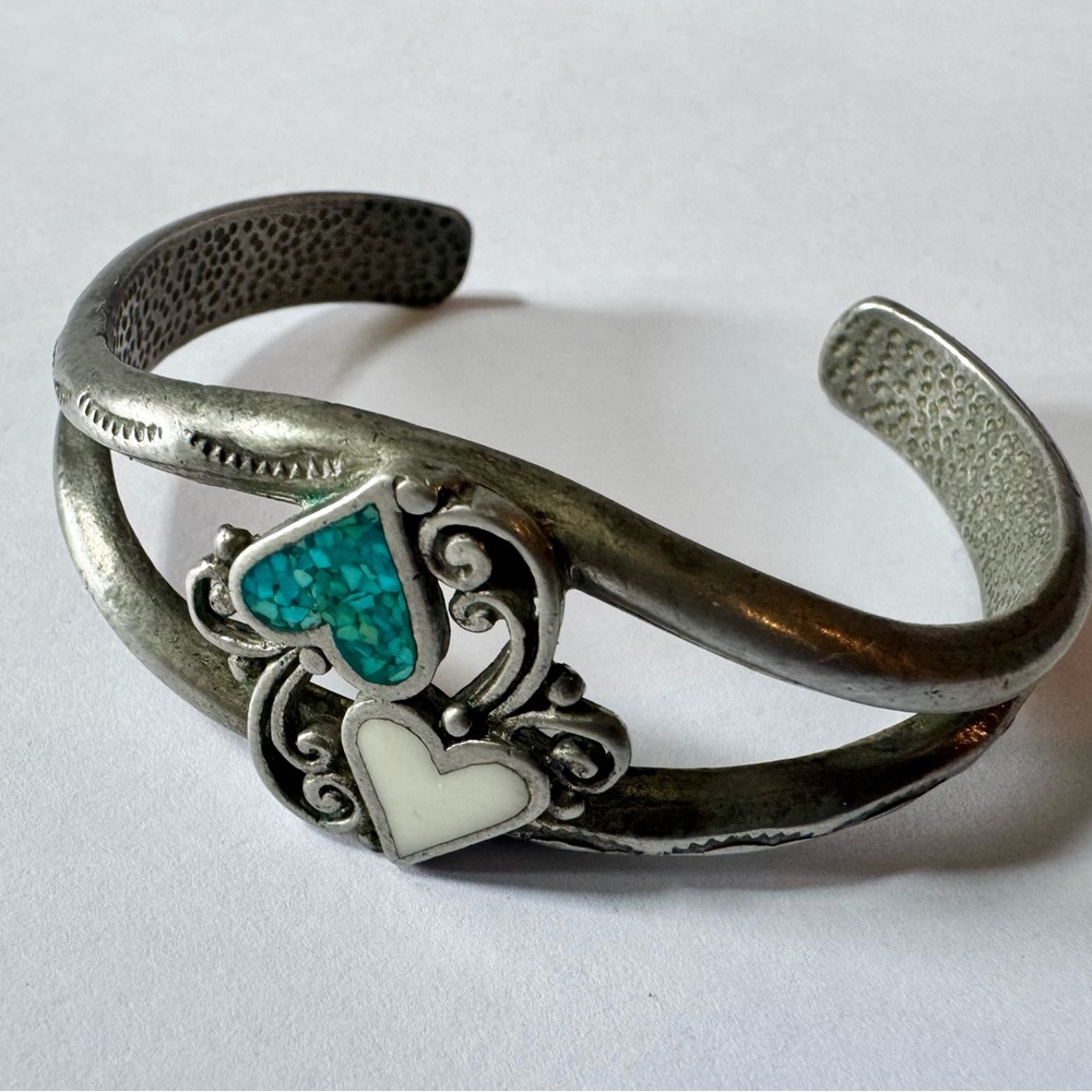 Vintage Silver Turquoise & White Enamel Heart Cuff Bracelet Tribal Ethnic